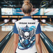 Load image into Gallery viewer, Back view of a woman in a bowling alley wearing a bowling shirt with quarter zip collar, blue skull-themed bowling graphic with black wings, pins, bowling ball shirt with “Team Name” across the shoulders.