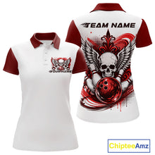 Load image into Gallery viewer, Front and back views of a white womens bowling shirt with polo collar, red skull-themed bowling graphic with black wings, pins, bowling ball