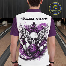Load image into Gallery viewer, Back view of a man in a bowling alley wearing a bowling shirt with polo collar, purple skull-themed bowling graphic with black wings, pins, bowling ball shirt with “Team Name” across the shoulders.
