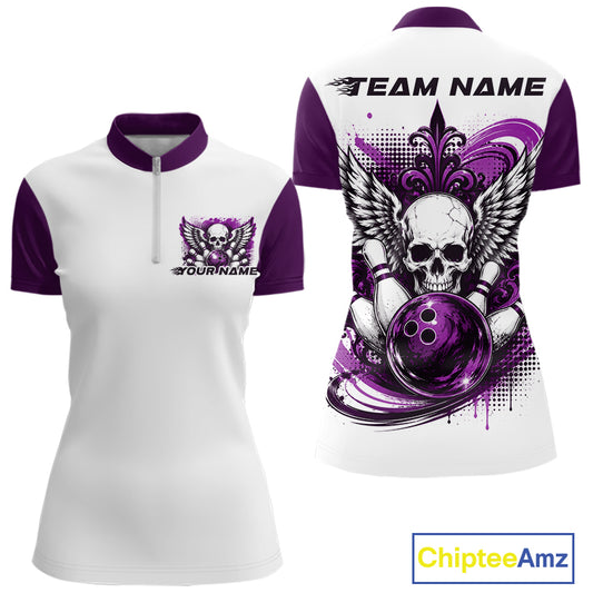 Front and back views of a white womens bowling shirt with quarter zip collar, purple skull-themed bowling graphic with black wings, pins, bowling ball