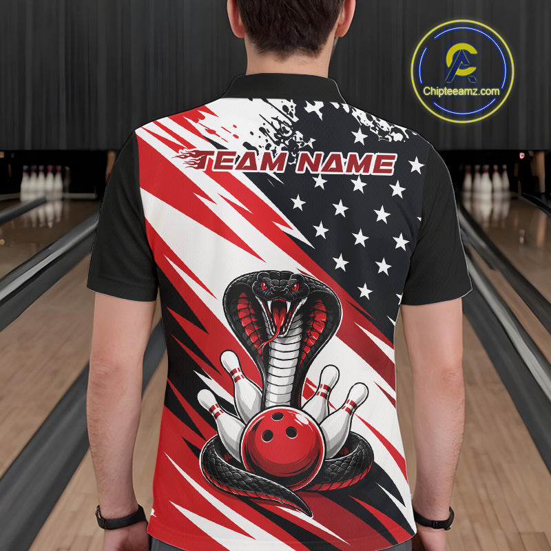 Back view of a man in a bowling alley wearing a black, white, and red american flag cobra-themed shirt with “Team Name” across the shoulders.