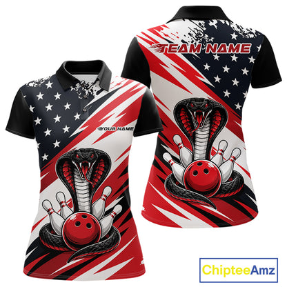 Front and back views of a black, white, and red thin line american flag bowling women polo shirt with cobra artwork, bowling pins, an red ball, and customizable name text.