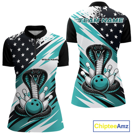 Front and back views of a black, white, and blue thin line american flag bowling women quarter zip shirt with cobra artwork, bowling pins, an blue ball, and customizable name text.