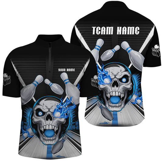 Customizable Blue Flame Bowling Shirts, Skull Bowling Quarter Zip Shirt For Men IPHW6856