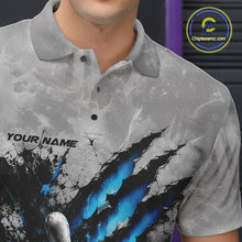 Load image into Gallery viewer, Close-up view of the left chest of a gray bowling polo shirt featuring a dramatic blue bowling ball and pins graphic with claw-mark artwork.