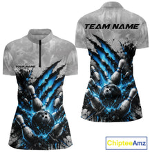 Load image into Gallery viewer, Front and back view of a women's bowling quarter zip mockup featuring a dramatic blue bowling ball and pins graphic with bold claw-mark artwork on a gray shirt.