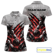 Load image into Gallery viewer, Front and back view of a women's bowling polo shirt mockup featuring a dramatic red bowling ball and pins graphic with claw-mark artwork on a gray shirt.
