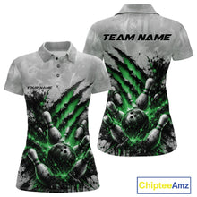 Load image into Gallery viewer, Front and back view of a women's bowling polo shirt mockup featuring a dramatic green bowling ball and pins graphic with claw-mark artwork on a gray shirt.