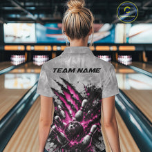 Load image into Gallery viewer, Back view of a female model wearing a gray bowling quarter zip shirt showcasing a dramatic pink bowling ball and pins graphic with claw-mark artwork in a bowling lane.