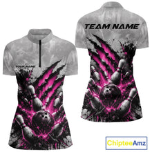 Load image into Gallery viewer, Front and back view of a women's bowling quarter zip mockup featuring a dramatic pink bowling ball and pins graphic with claw-mark artwork on a gray shirt.