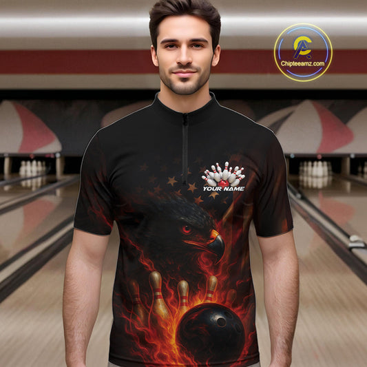 Custom Vintage Patriotic Flame Eagle Bowling Men Shirts, US Flag Bowling League Shirt IPHW10145