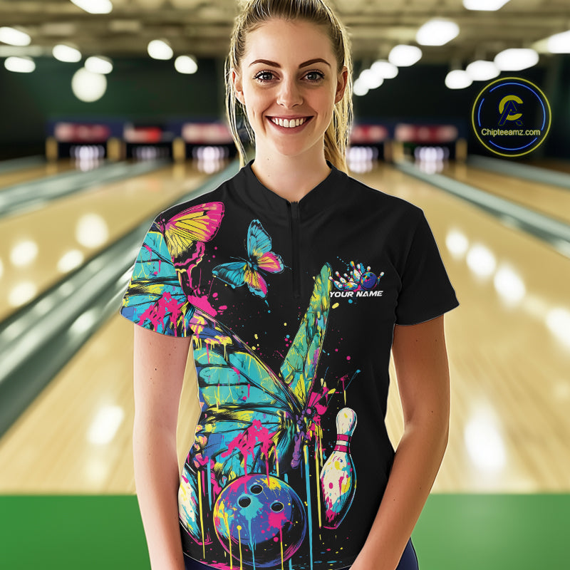 Custom Colorful Butterfly Bowling Team Shirt For Women, Ladies Bowling Outfits IPHW10154