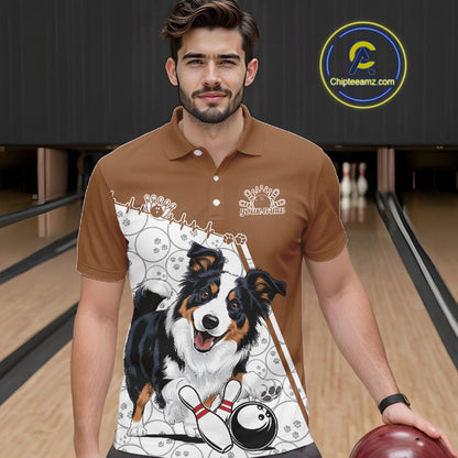 Custom Cute Funny Border Collie Dog Bowling Men Polo Shirts, Dog Lovers Bowling Shirt IPHW10288