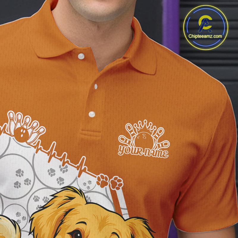 Custom Cute Funny Golden Retriever Dog Bowling Men Polo Shirts, Dog Lovers Bowling Shirt IPHW10290