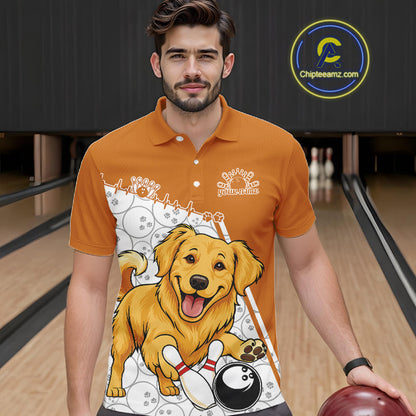 Custom Cute Funny Golden Retriever Dog Bowling Men Polo Shirts, Dog Lovers Bowling Shirt IPHW10290