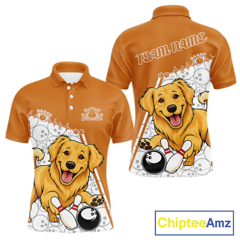 Custom Cute Funny Golden Retriever Dog Bowling Men Polo Shirts, Dog Lovers Bowling Shirt IPHW10290