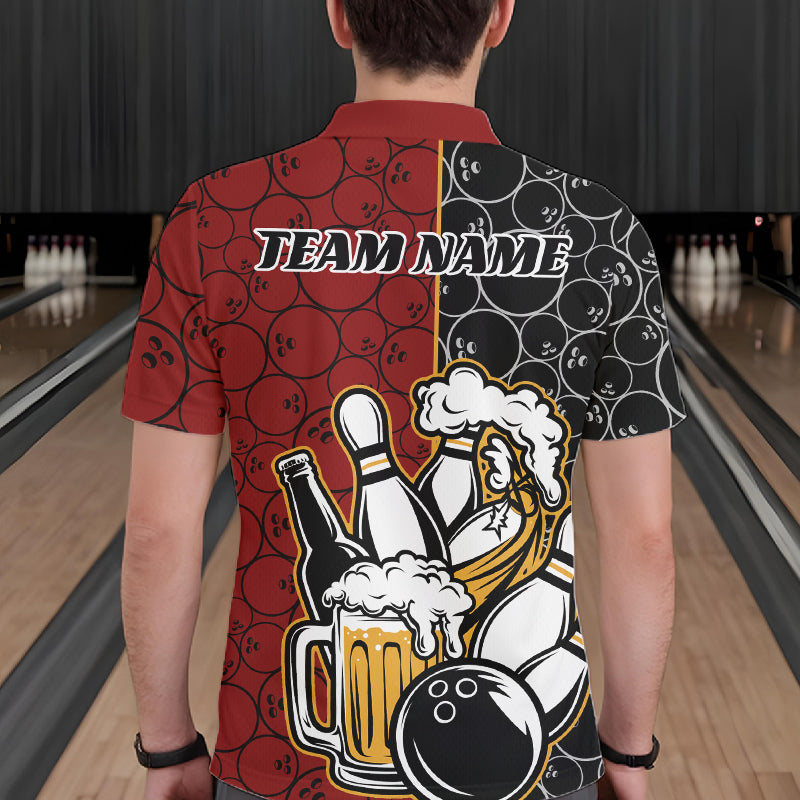 Custom Black And Red Retro Bowling Beer Team Shirts For Men, Bowling Pattern Jerseys IPHW10536