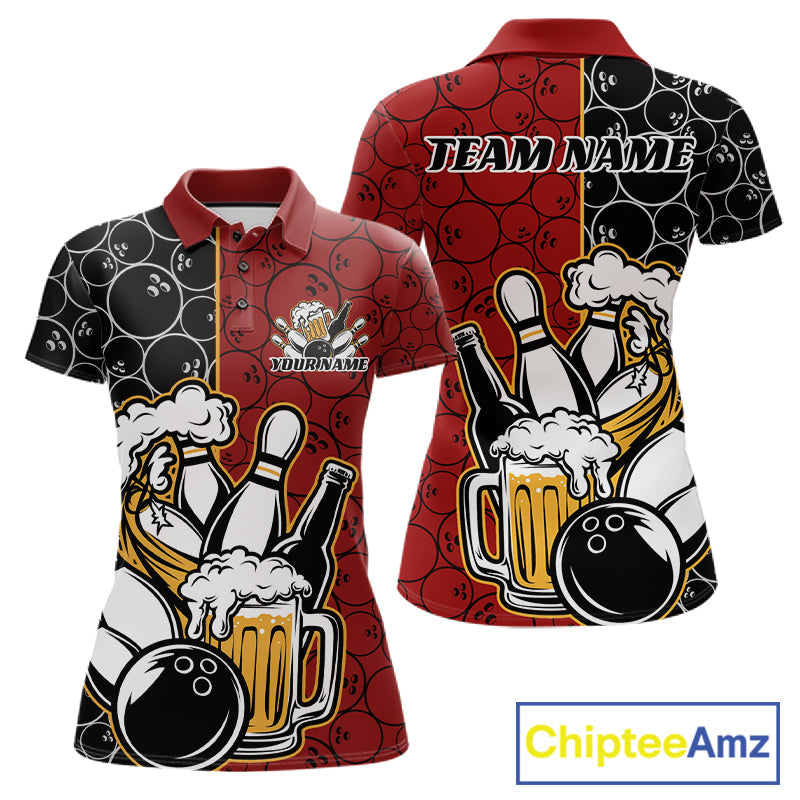 Custom Black And Red Retro Bowling Beer Team Shirts For Women, Bowling Pattern Jerseys IPHW10536