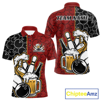 Custom Black And Red Retro Bowling Beer Team Shirts For Men, Bowling Pattern Jerseys IPHW10536