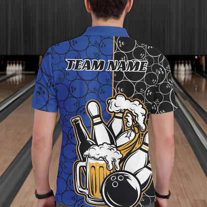 Custom Black And Blue Retro Bowling Beer Team Shirts For Men, Bowling Pattern Jerseys IPHW10537