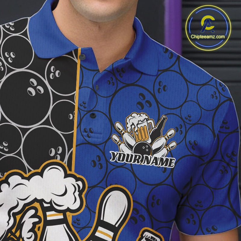 Custom Black And Blue Retro Bowling Beer Team Shirts For Men, Bowling Pattern Jerseys IPHW10537