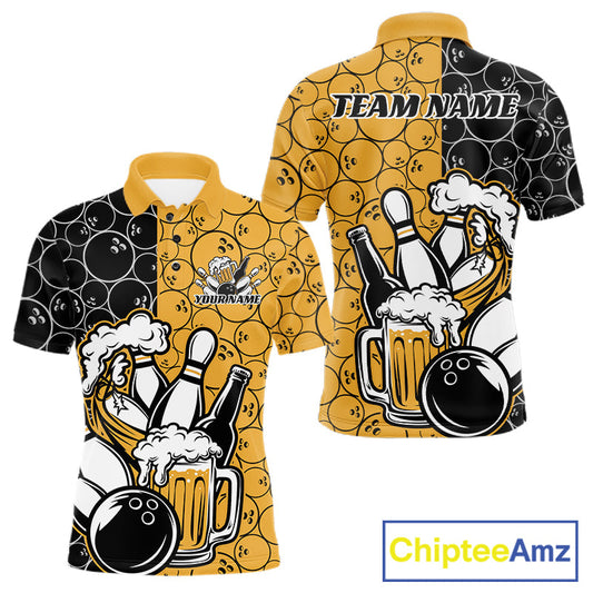 Custom Black And Yellow Retro Bowling Beer Team Shirts For Men, Bowling Pattern Jerseys IPHW10538