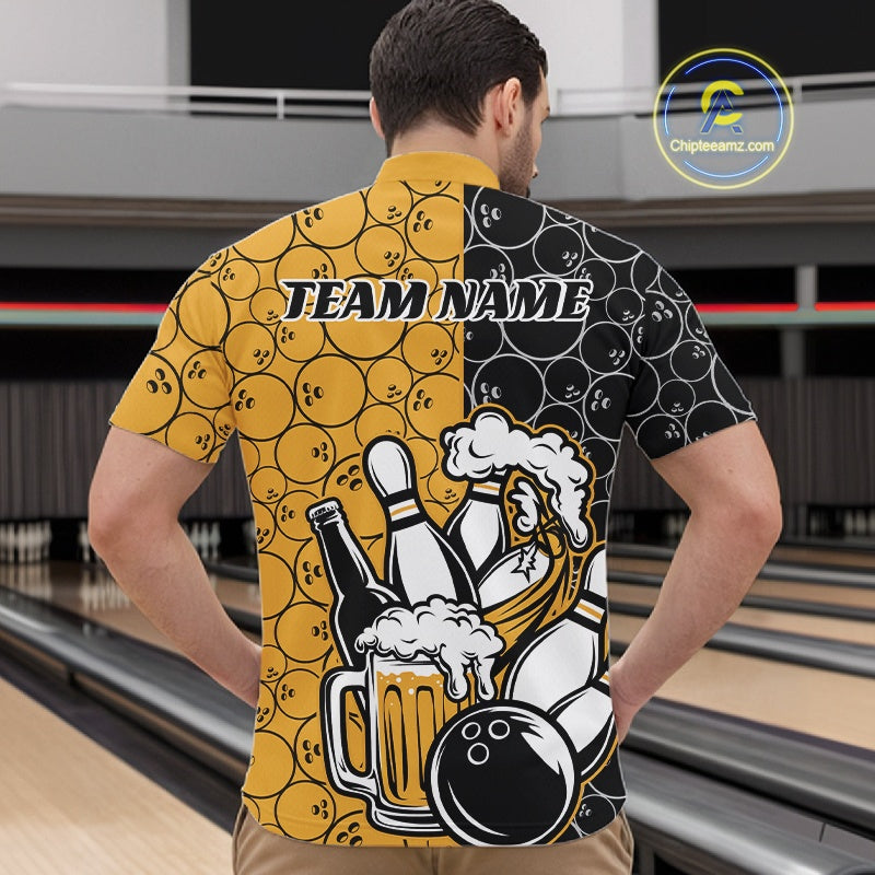 Custom Black And Yellow Retro Bowling Beer Team Shirts For Men, Bowling Pattern Jerseys IPHW10538