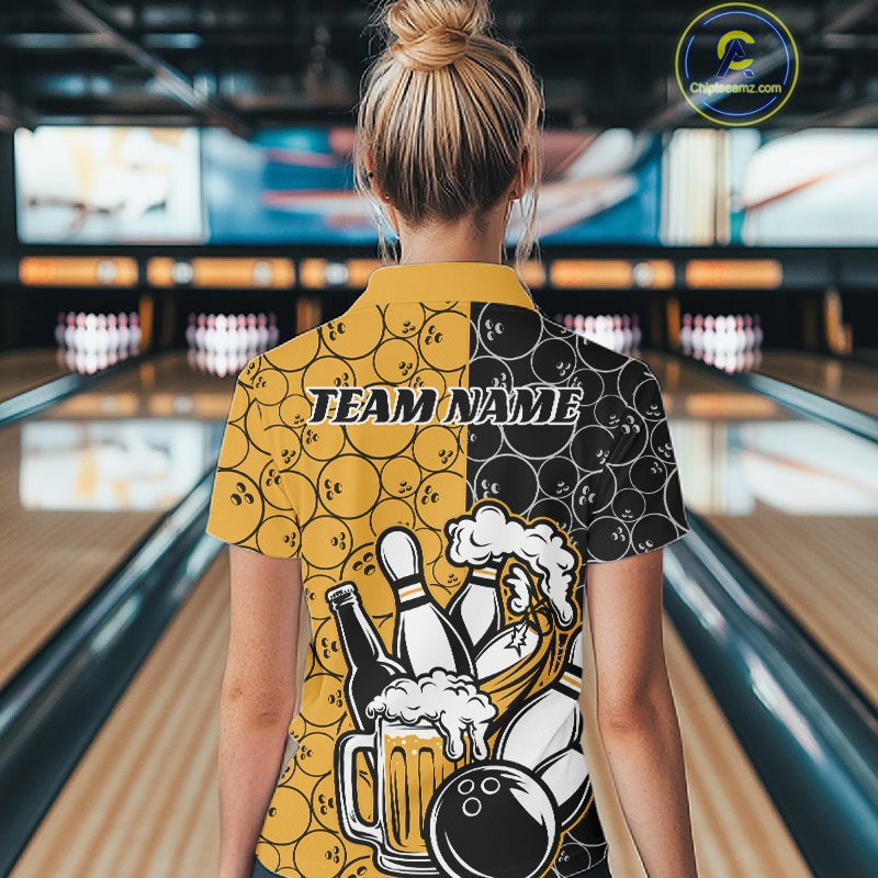 Custom Black And Yellow Retro Bowling Beer Team Shirts For Women, Bowling Pattern Jersey IPHW10538