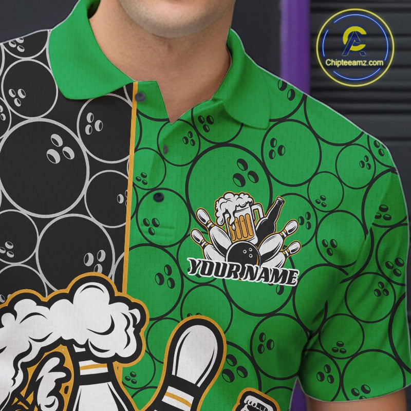 Custom Black And Green Retro Bowling Beer Team Shirts For Men, Bowling Pattern Jerseys IPHW10539