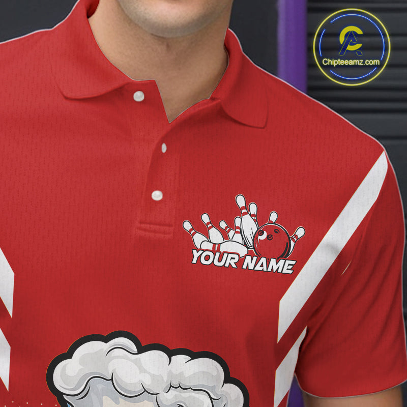 Custom Funny Red Bowling Jerseys Bowling And Beer Men Polo Shirts, Bowling Jerseys IPHW10540
