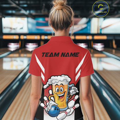 Custom Funny Red Bowling Jerseys Bowling And Beer Women Polo Shirts, Bowling Jerseys IPHW10540