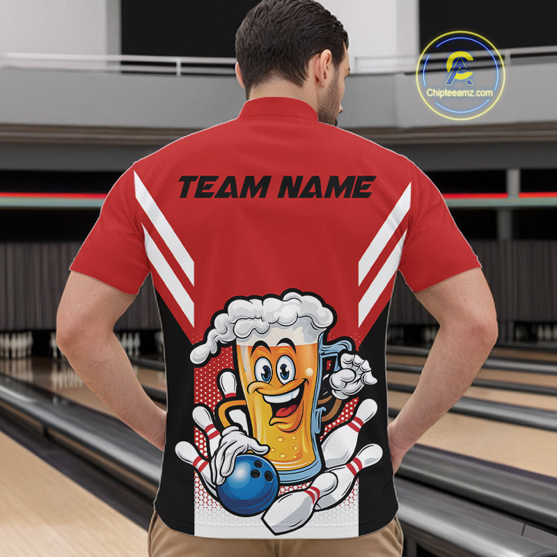 Custom Funny Red Bowling Jerseys Bowling And Beer Men Quarter-Zip Shirts, Bowling Jerseys IPHW10540