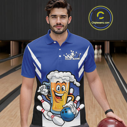 Custom Funny Blue Bowling Jerseys Bowling And Beer Men Polo Shirts, Bowling Jerseys IPHW10541