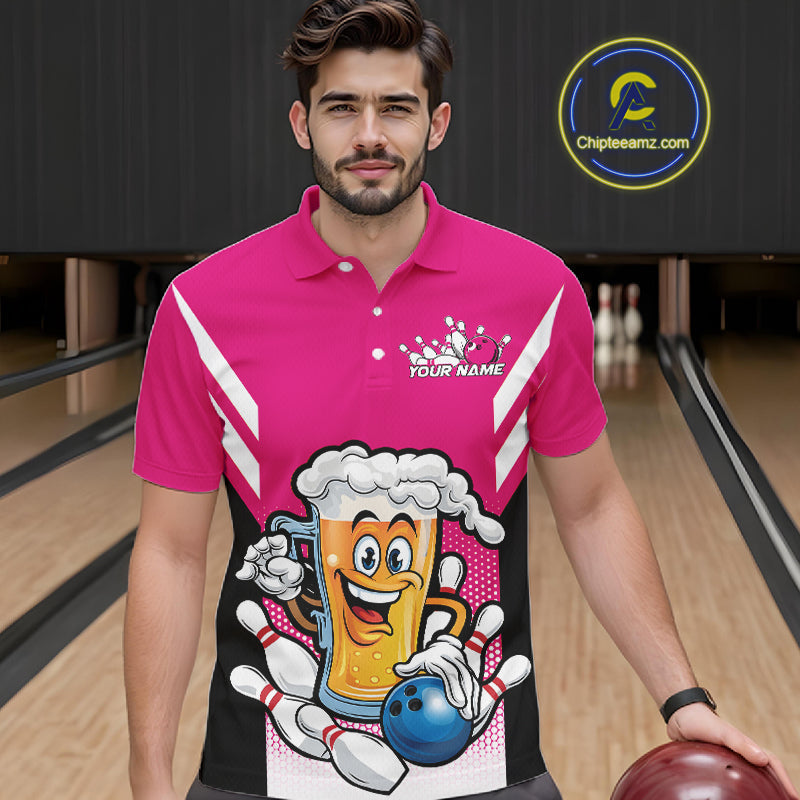 Custom Funny Pink Bowling Jerseys Bowling And Beer Men Polo Shirts, Bowling Jerseys IPHW10542