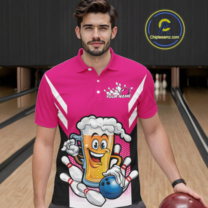 Custom Funny Pink Bowling Jerseys Bowling And Beer Men Polo Shirts, Bowling Jerseys IPHW10542
