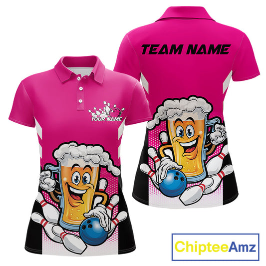 Custom Funny Pink Bowling Jerseys Bowling And Beer Women Polo Shirts, Bowling Jerseys IPHW10542