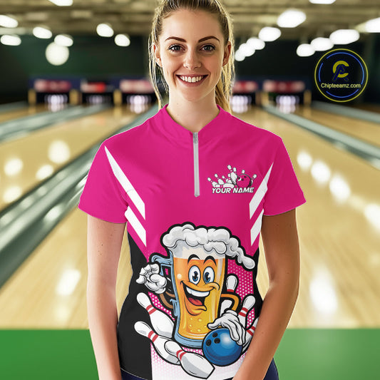 Custom Funny Pink Bowling Jerseys Bowling And Beer Women Shirts, Bowling Jerseys IPHW10542