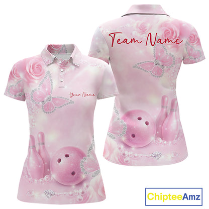 Front and back mockup of a women’s bowling polo shirt featuring pink glitter butterflies, roses, bowling pins, and a bowling ball motif.
