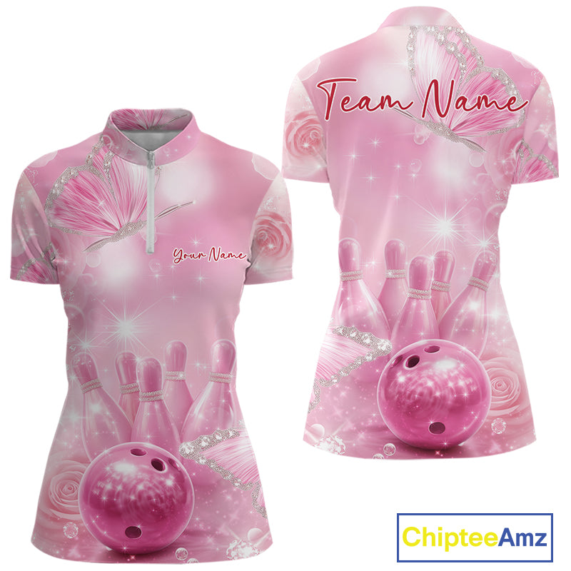 Front and back mockup of a women’s bowling quarter-zip shirt decorated with pink glitter butterflies surrounding bowling pins and a bowling ball.