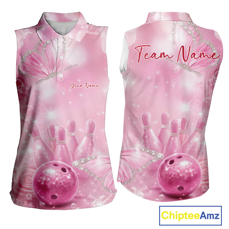 Front and back view of a women’s sleeveless bowling shirt featuring pink glitter butterflies surrounding bowling pins and a bowling ball.