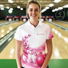 Load image into Gallery viewer, Custom Pink Butterfly Bowling Women Polo Shirt, Ladies Bowling Team Outfits IPHW11348
