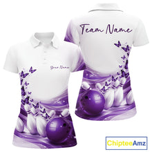 Load image into Gallery viewer, Women s white and purple bowling polo shirt mockup shown from front and back with butterfly artwork and bowling-themed graphics.