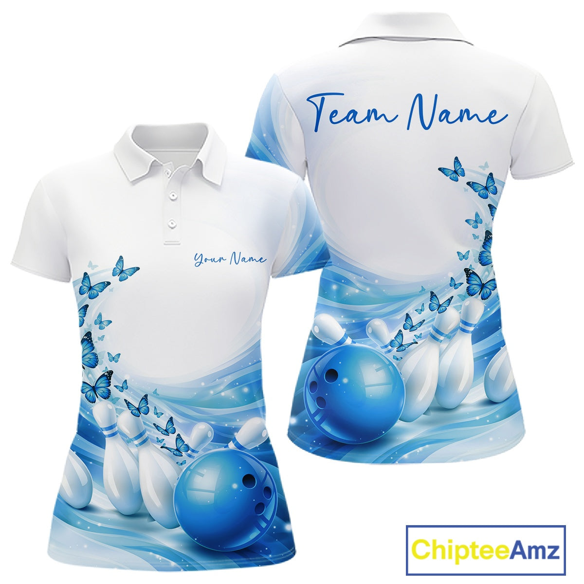 Front and back mockup of a women s white and blue bowling polo shirt featuring butterfly accents and bowling graphics.