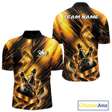 Load image into Gallery viewer, Front and back view of a men's bowling quarter zip shirt mockup featuring a black and gold bowling ball striking pins with flowing metallic ribbon accents.