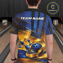 Load image into Gallery viewer, Back view of a male model at a bowling lane wearing a bowling polo shirt with a glossy blue bowling ball and pins wrapped in flowing gold ribbons.
