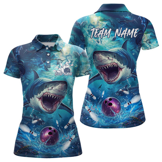 Custom Shark Bowling Polo Shirts For Women, Shark Bowling Team Shirt IPHW8006