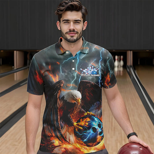 Custom Blue Thunder Lightning Flame Eagle Bowling Polo Shirts For Men, Bowling League Shirt IPHW8450
