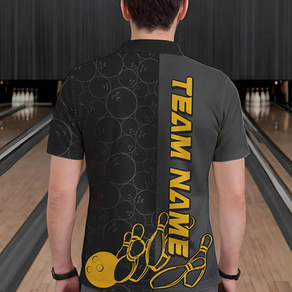 Custom Black And Gold Strike Bowling Polo Shirts For Men, Striking Team Bowling Jerseys IPHW8456