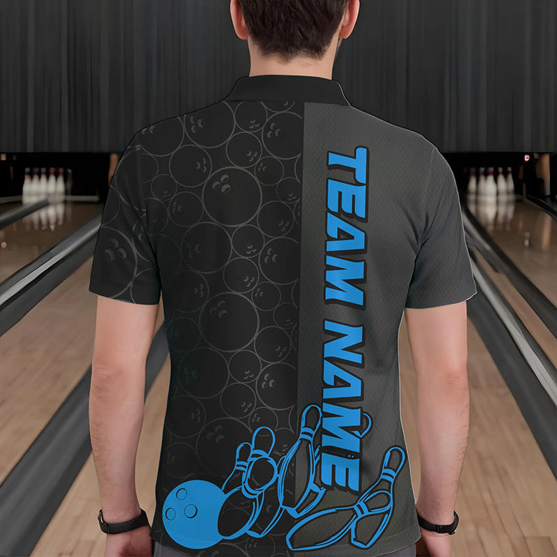 Custom Black And Blue Strike Bowling Polo Shirts For Men, Striking Team Bowling Jerseys IPHW8458