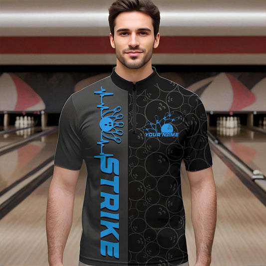 Custom Black And Blue Strike Bowling Quarter-Zip Shirts For Men, Striking Team Bowling Jerseys IPHW8458